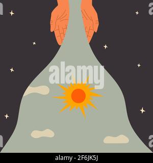 Menschliche Hände verschüttet den Tag. Helle Sonne und blaue Wolken. Tag und Nacht. Nachthimmel und Sterne. Moderne trendige Kunst. Bunte Boho Vektor Illustration Hand d Stock Vektor