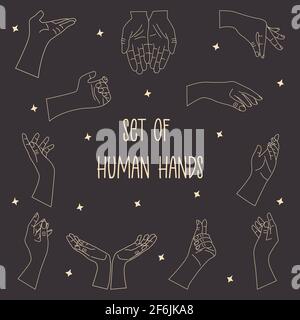 Set von menschlichen Händen am Handgelenk mit Sternen. Linearer Vektor auf dunklem Hintergrund. Illustration in handgezeichneter, minimalistischer Trendkritzel Stock Vektor