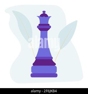 Schachfigur der Königin. Vektor flach bunt isoliert Illustration chessman. Abstrakter blauer Fleck und Blätter auf dem Hintergrund Stock Vektor