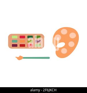 Farben, Palette und Pinsel. Ein Satz von Elementen zum Zeichnen. Vektor-isolierte Illustration in flacher Form. Stock Vektor
