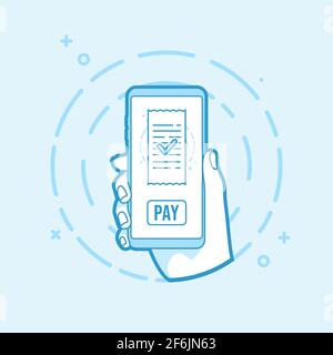 Mobiles Zahlungskonzept für Rechnungen. Rechnungen online bezahlen. Smartphone-Symbol in Linienform in der Hand halten. Stock Vektor