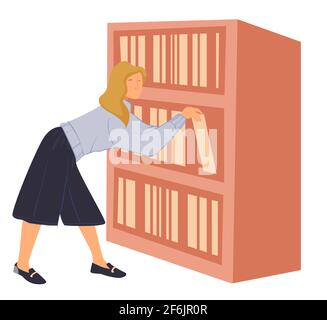 Frau, die Bücher im Regal in der Bibliothek oder im Geschäft angreift Stock Vektor