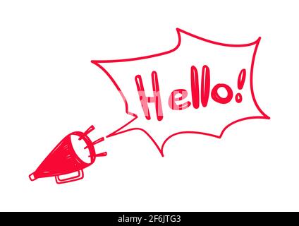 Handgezogener Lautsprecher mit Text Hello Speech Bubble. Stock Vektor