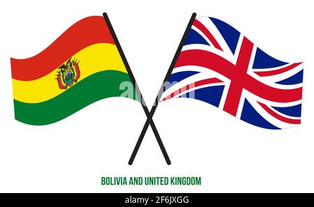 Bolivien und Großbritannien Flaggen gekreuzt und winken Flat Style. Offizieller Anteil. Richtige Farben. Stock Vektor