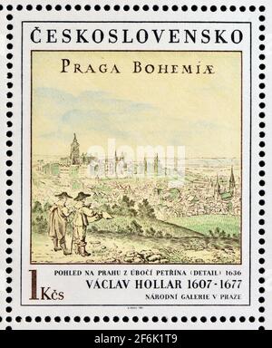 Tschechoslowakische Briefmarke (1981): Ansicht von Prag vom Petrinberg (1636) von Vaclav Hollar (1607-1677) Stockfoto
