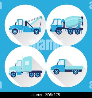 Set von LKW-Icons in flachem Stil mit langen Schatten. Sammlung von Ladungsfahrzeug-Symbole auf Runde Schicht. Stock Vektor