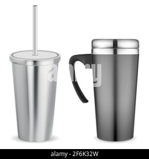 Thermo Becher, Reisetasse aus Metall. Vakuum-Thermostate aus Edelstahl, isolierte Schablone. Thermoflasche, tragbare Sportflasche. Aluminium-Schüttelbecher isoliert. Heiß Stock Vektor