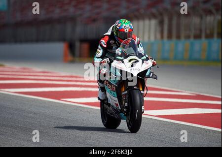 Circuit de Barcelona Catalunya, Barcelona, Spanien. April 2021. FIM Superbike World Championship Testing; Chaz Davies vom Goelven Racing Team fährt die WorldSBK Ducati Panigale V4 R Credit: Action Plus Sports/Alamy Live News Stockfoto