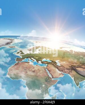 Sonne scheint durch Wolken, in blauem Himmel, über einer hohen detaillierten Satellitenansicht des Planeten Erde - Elemente, die von der NASA eingerichtet wurden Stockfoto