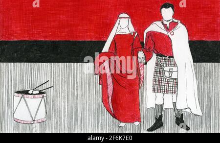 Mittelalterliche handgezeichnete Illustration. Historisch gekleideter Mann und Frau in traditioneller mittelalterlicher und schottischer Kleidung. Absract mittelalterliche Renaissance Illustration in schwarz rot weiß Stockfoto