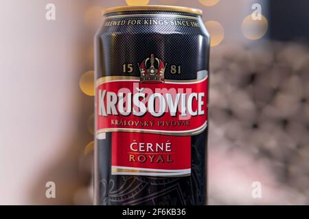 Tjumen, Russland-13. Februar 2021: Flasche dunkles Krusovice tschechisches Bier. Logo Stockfoto