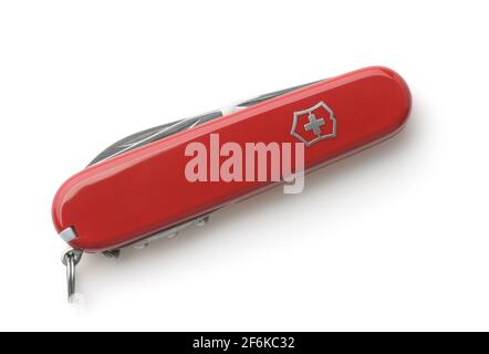 Samara, Russland - Februar 2021. Victorinox Spartan Swiss Army rotes Klappmesser isoliert auf Weiß Stockfoto