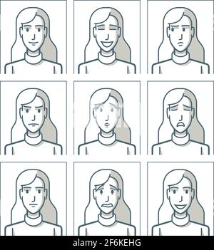 Neun Zeichnungen einer jungen Frau mit unterschiedlichen Mimik. Die Zeichnungen werden mit einfachen Linien angefertigt. Stock Vektor