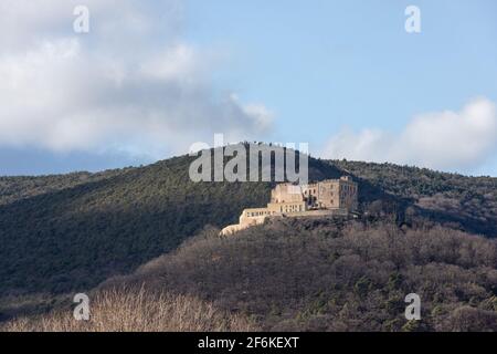 Altes Hambacher Schloss im Winter von vorne auf einem Berg mit Bäumen Stockfoto