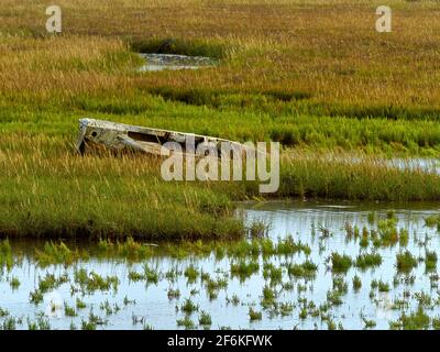 Ein Detail aus der breiten, offenen Landschaft des Keyhaven-Marschs - ein Pool, umgeben von sumpfigem Gras, Schilf und Binsen, wo ein kleines Holzboot verfällt. Stockfoto