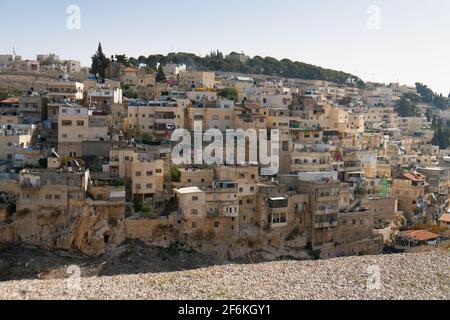 Blick auf das arabische Viertel am Hang des Ölbergs in Jerusalem, Israel. Stockfoto