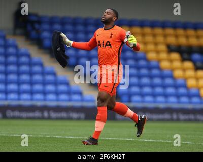 WIMBLEDON ENGLAND - 31. MÄRZ: Thimothee Lo-Tutala von Tottenham Hotspur unter 18 Jahren während des FA Youth Cup vierte Runde richtig zwischen AFC Wimbledon und T Stockfoto