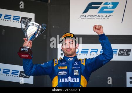 Podestrennen 2 mit LATIFI Nicholmann, Staudämme, Porträt, Podium während der FIA Formel 2-Meisterschaft 2017, in Jerez in Spanien vom 6. Bis 8. Oktober - Foto Sebastiaan Rozendaal / DPPI während der FIA Formel 2-Meisterschaft 2017, In Jerez in Spanien vom 6. Bis 8. Oktober - Foto Sebastiaan Rozendaal / DPPI Stockfoto