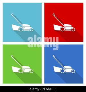 Rasenmäher Icon Set, flache Design-Vektor-Illustration in eps 10 für webdesign und mobile Anwendungen in vier Farboptionen Stock Vektor
