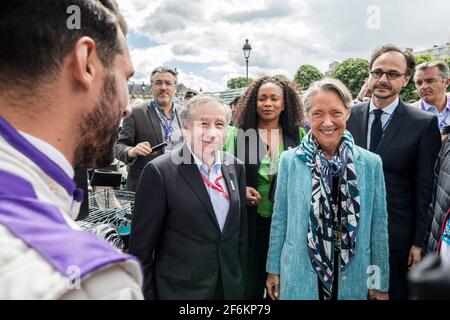 LOPEZ Jose Maria (arg) Formula E Team DS Automobiles Virgin Racing Ambiance Portrait mit der französischen Verkehrsministerin Elisabeth Borne und der französischen Sportministerin Laura Flessel, TODT Jean (Fra) FIA President Ambiance Portrait und DESCHAUX Nicolas, FFSA-Präsident während der Formel-E-Meisterschaft 2017 in Paris, Frankreich ab Mai 20 - Foto Alexis Goure / DPPI Stockfoto