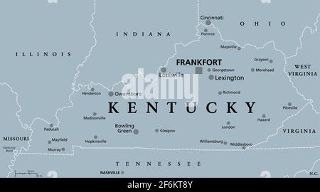 Kentucky, KY, graue politische Karte, mit der Hauptstadt Frankfort und den größten Städten. Commonwealth of Kentucky. Staat im Südosten der Vereinigten Staaten. Stockfoto