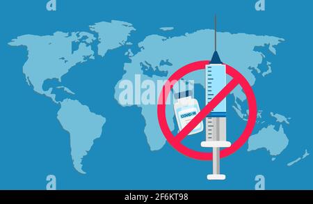 Universelles Anti-Impfkonzept mit Spritze und Weltkarte. Vektor Stock Vektor