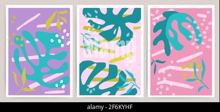 Set aus trendigen Texturpostern mit handgezeichneten Blumenblättern monstera Vektor Doodle Stil Illustration Stock Vektor
