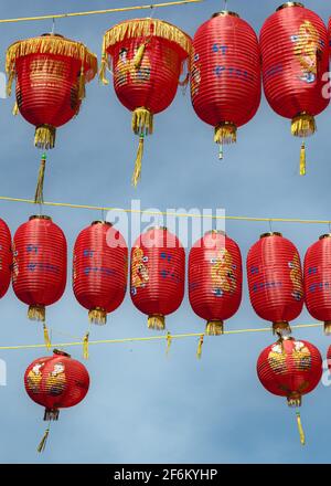 Rote und gelbe chinesische Laternen auf der anderen Straßenseite in der Wardour Street, Chinatown, London, Stockfoto