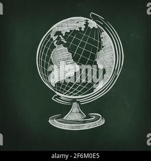 Globe in Kreide auf einer Schultafel gezeichnet. Zurück zur Schule. Vektorgrafik. Stock Vektor