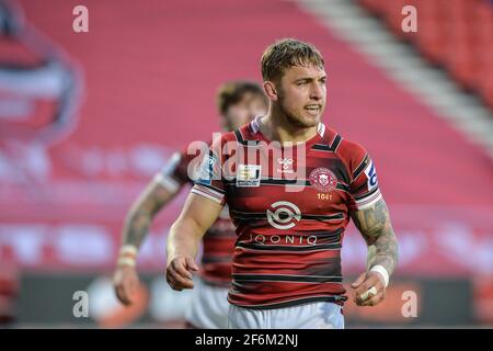 St. Helens, England - 1. April 2021 - Sam Powell von Wigan Warriors während der Rugby League Betfred Super League Runde 2 Wigan Warriors vs Wakefield Trinity im Totally Wicked Stadium, St. Helens, Großbritannien Dean Williams/Alamy Live News Stockfoto