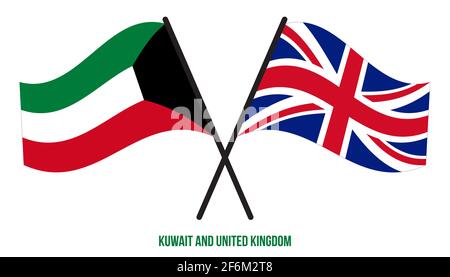 Kuwait und Großbritannien Flaggen gekreuzt und winken Flat Style. Offizieller Anteil. Richtige Farben. Stock Vektor