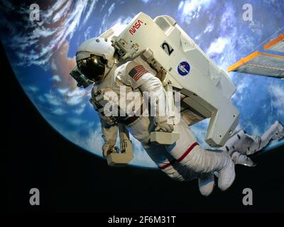 USA, Texas, Houston, NASA/Johnson Space Center, Space Center Houston, Astronaut im Weltraumdisplay Stockfoto