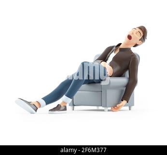 3d Cartoon Mann schlafen im Sessel, Illustration isoliert auf weißem Hintergrund Stockfoto