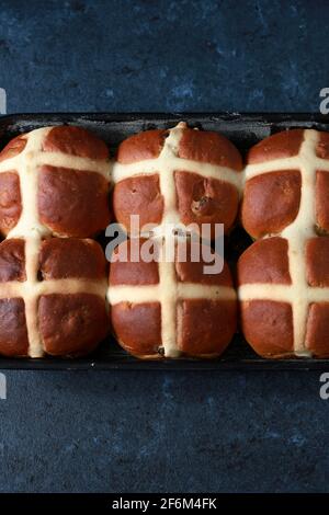 Frisch gebackene hausgemachte Hot Cross Buns mit Gewürzen im Dunkeln Blauer Hintergrund mit Kopierbereich Stockfoto