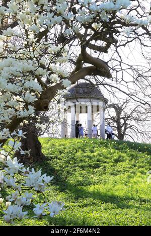 Frühlingsblüte am Tempel des Aeolus, in Kew Gardens, im Südwesten Londons, Großbritannien Stockfoto