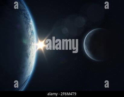 Planet Erde mit Sonnenaufgang und Mond im Weltraum. Science-Fiction-Tapete. Elemente dieses Bildes, die von der NASA eingerichtet wurden. Stockfoto