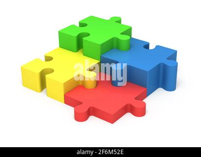 3D bunte Puzzle-Stücke auf weißem Hintergrund isoliert. Konzept Teamarbeit, Partnerschaft, Zusammenarbeit, Hierarchie. Stockfoto