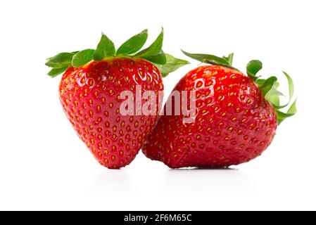 Zwei Erdbeeren isoliert auf weißem Hintergrund. Frische Bio-reife erdbeer Stockfoto