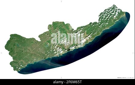 Hambantota, Bezirk von Sri Lanka. Sentinel-2-Satellitenbilder. Form isoliert auf Weiß. Beschreibung, Lage der Hauptstadt. Enthält modifizierte Cope Stockfoto