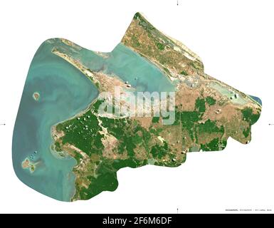 Kilinochchi, Bezirk von Sri Lanka. Sentinel-2-Satellitenbilder. Form isoliert auf Weiß. Beschreibung, Lage der Hauptstadt. Enthält modifizierten Cop Stockfoto