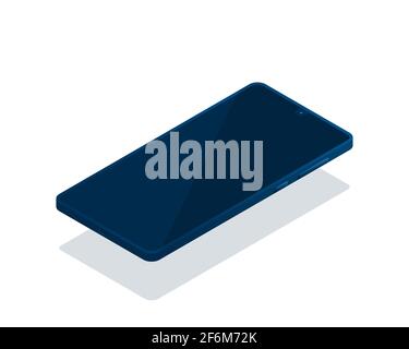 Ein Smartphone befindet sich in einer isometrischen Ansicht mit einem ausgeschalteten Bildschirm. Das Telefon ist auf einem weißen Hintergrund isoliert. Vektorgrafik. Blaue Farbtöne. Stock Vektor