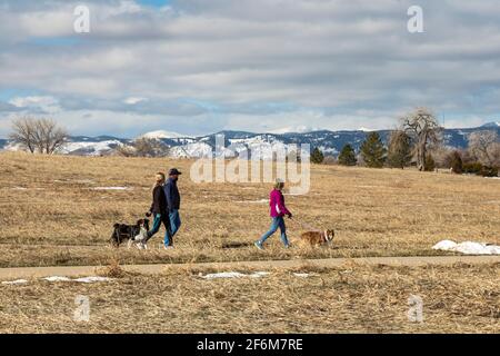 Wheat Ridge, Colorado - Wanderer mit ihren Hunden im Crown Hill Park im Vorort Denver. Stockfoto