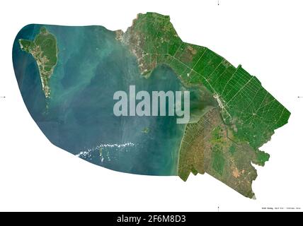 Kien Giang, Provinz Vietnam. Sentinel-2-Satellitenbilder. Form isoliert auf Weiß. Beschreibung, Lage der Hauptstadt. Enthält modifiziertes Copern Stockfoto