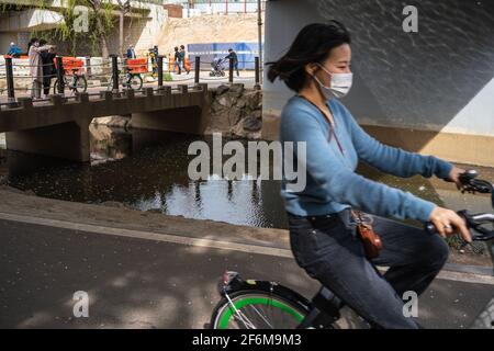 Seoul, Südkorea. April 2021. Eine Frau mit Gesichtsmaske fährt in Seoul mit dem Fahrrad. (Foto von Simon Shin/SOPA Images/Sipa USA) Quelle: SIPA USA/Alamy Live News Stockfoto