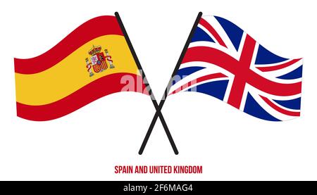 Spanien und Großbritannien Flaggen gekreuzt und winken Flat Style. Offizieller Anteil. Richtige Farben. Stock Vektor