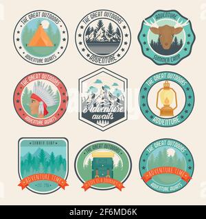 Neun Camping-Patches Stock Vektor