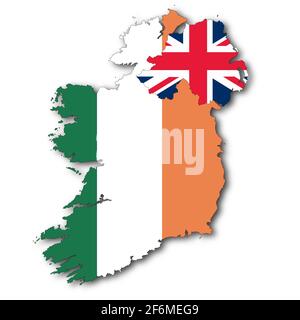 Karte der Republik Irland und Nordirland auf weißem Hintergrund Mit Beschneidungspfad, um 3D-Schattendarstellung zu entfernen Stockfoto