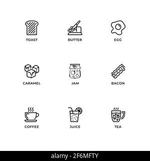 Vektor-Set von Design-Elementen, Logo-Design-Vorlage, Symbole und Abzeichen für das Frühstück. Liniensymbole gesetzt, editierbare Kontur. Stock Vektor