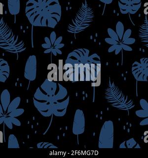 Dunkelblaues nahtloses Muster mit blauen tropischen Blättern und Blumen. Vektor-Muster für Stoffe, Kleidung, für Verpackungen, Tapeten, Pastelltücher und Textilien. Monstera, Palmen, Farnblätter. Stock Vektor
