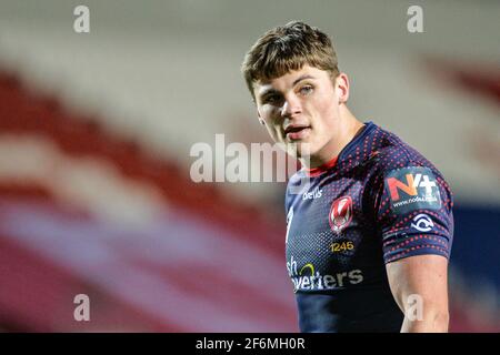 St. Helens, England - 1. April 2021 - Jack Welsby von St. Helens während der Rugby League Betfred Super League Runde 2 Hull Kingston Rovers vs St. Helens im Totally Wicked Stadium, St. Helens, Großbritannien Dean Williams/Alamy Live News Stockfoto